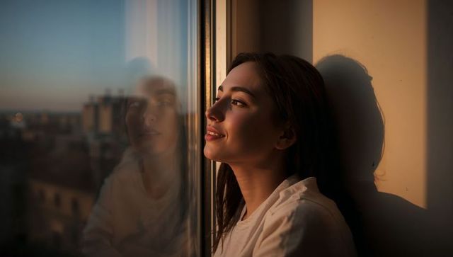 Golden hour window reflection young woman leaning smiling, urban contemplative portrait