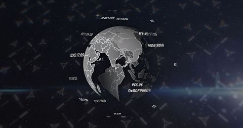 3D Grayscale Globe with Alphanumeric Data and Virtual Space Symbolism