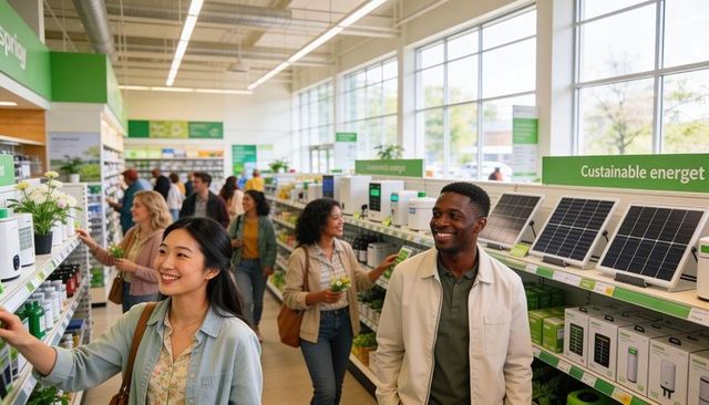 Smiling shoppers browsing sustainable energy displays in modern eco retail store