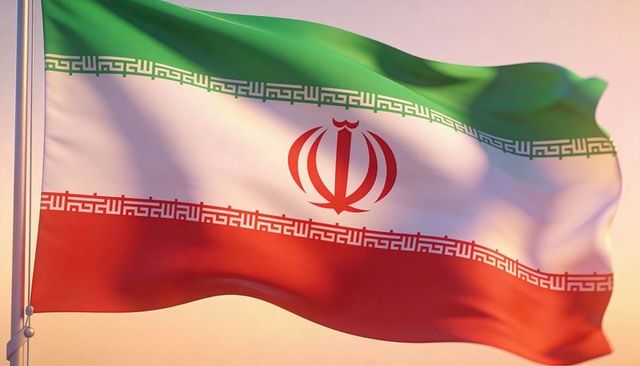 Iranian flag fluttering at sunrise with red emblem and kufic script bands