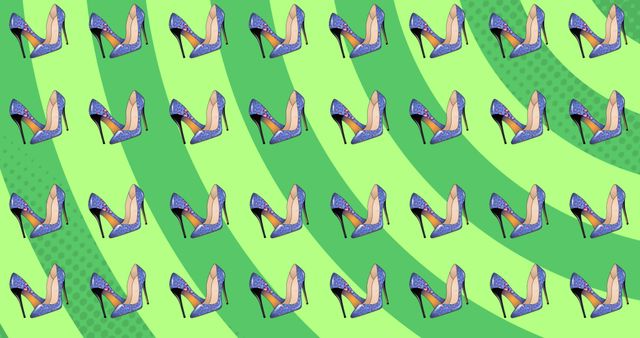 This illustration features blue high-heeled shoes repeated across a vivid green striped background. The pop art style creates a retro feel that is perfect for fashion-themed projects, social media banners highlighting women's footwear, or as a vibrant fashion design for merchandise. This dynamic pattern can be used to add a stylish touch to advertising campaigns or branding focusing on modern fashion accessories.