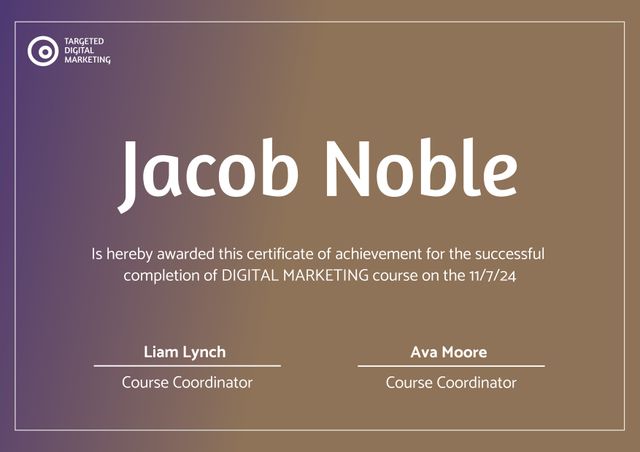 Elegant digital marketing certificate template with gradient background and modern design elements. Ideal for educational institutions, corporate training programs, or professional development courses. Easy to customize with recipient's name, date, and coordinators' signatures. Can be used to acknowledge course completion, special achievements, or professional recognitions.