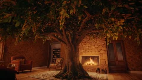 Majestic Tree Indoors by Fireplace Creating Unique Ambiance