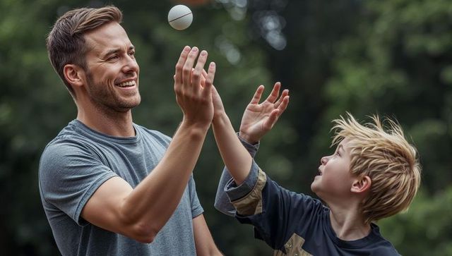 Father and son playing catch in park smiling dad tossing ball while boy reaching up