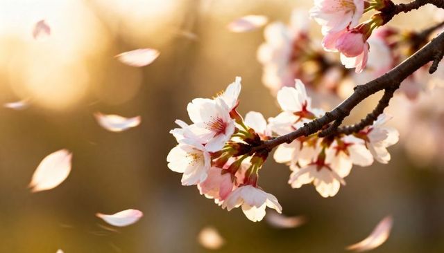 Sunlit cherry blossom branch glowing at golden hour with drifting pink petals