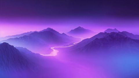 Neon ribbon winding through misty mountain valley, glowing purple dreamscape