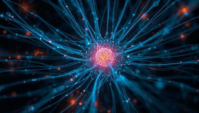 Radiating neon nucleus releasing cyan filaments with blue sparks and orange bokeh glow