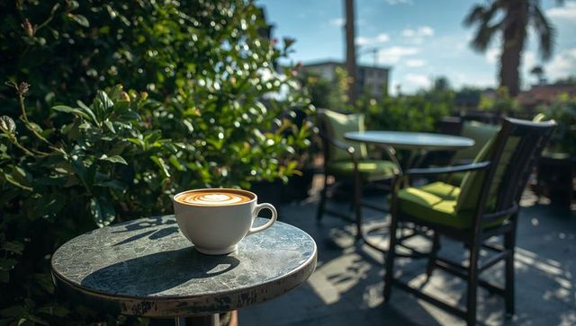 Sunlit latte on weathered metal cafe table with lush patio greenery and distant palm tree