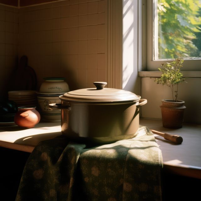 A pot sits on a table bathed in sunlight at home. Warm light fills the kitchen, suggesting a serene setting for cooking.