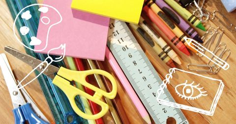 Creative School Supplies with Educational Icons on Wooden Desk - Download Free Stock Images Pikwizard.com