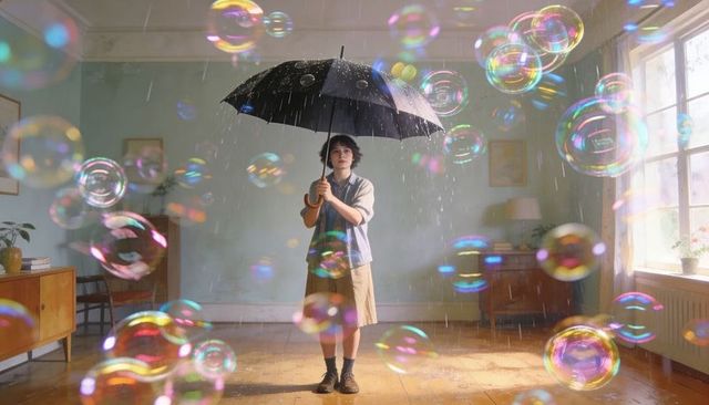 Teen holding black umbrella in rainy living room surrounded by colorful floating bubbles