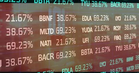 Digital financial trading screen overlay in modern office setting