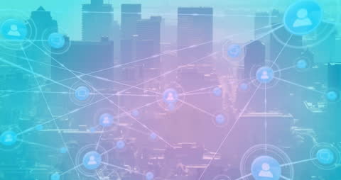 Digital Network Icons Overlay on Cityscape