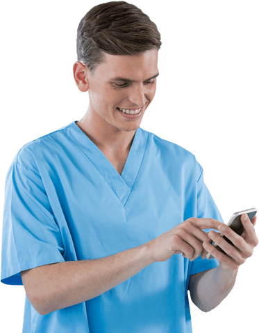 smiling male nurse using transparent mobile phone - Download Free Stock Videos Pikwizard.com