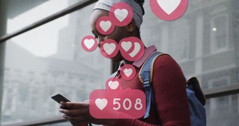 Smiling Woman Engaging on Smartphone with Social Media Likes