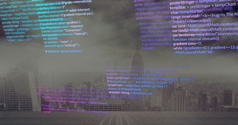 Futuristic code snippets over rooftop with urban skyline
