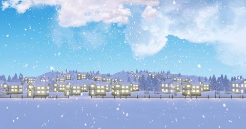Winter village under snowy night sky with glowing cottages