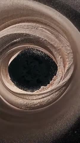 Spinning powder forming concentric rings in vertical studio vessel with red flecks