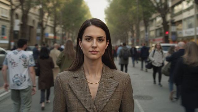 Confident professional woman standing on busy city boulevard wearing brown checked blazer