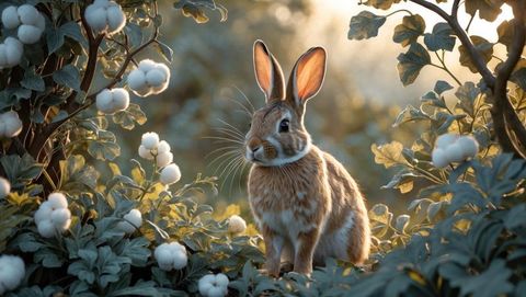 Brown and white cottontail rabbit in tranquil forest understory