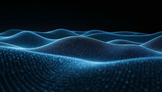 Rippling glowing blue mesh flow representing data waves, ai network and cyber landscape