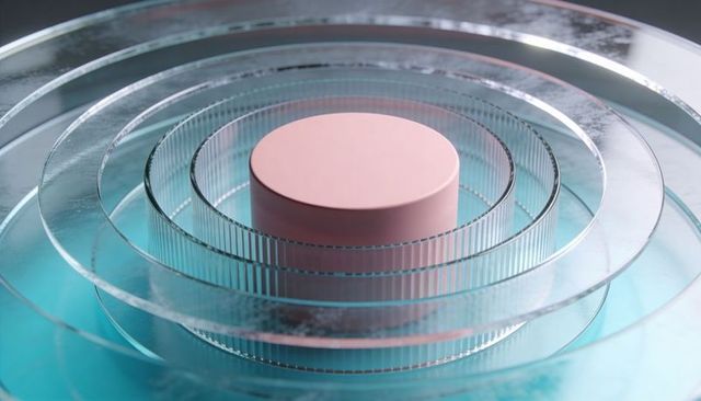 Pastel pink pedestal featuring concentric clear glass rings on turquoise teal base