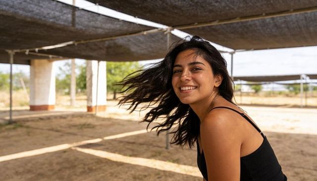 Smiling woman in black tank under shade canopy at sunny nursery carefree outdoor lifestyle