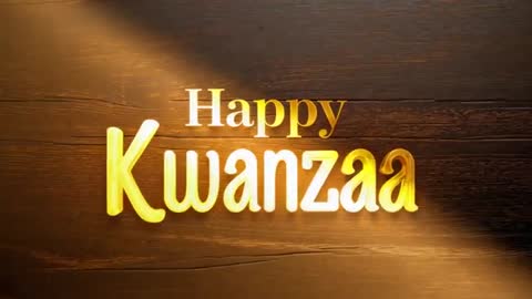 Golden 3D Happy Kwanzaa Text Reflecting on Rustic Wood with Cinematic Light Beam Loop