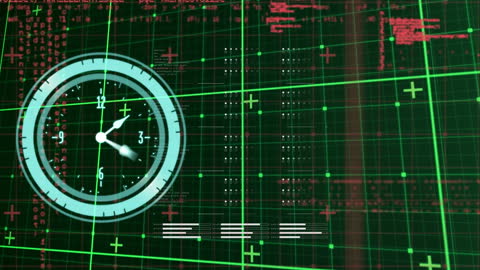 Neon Clock and Data Overlay on Green Grid Matrix