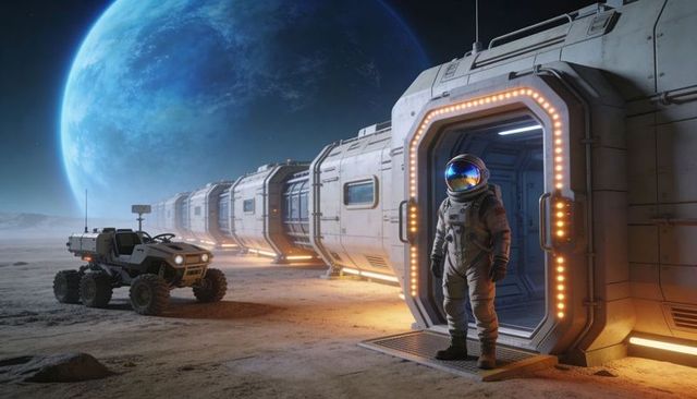 Astronaut standing at habitat airlock with rover beneath blue gas giant on alien terrain