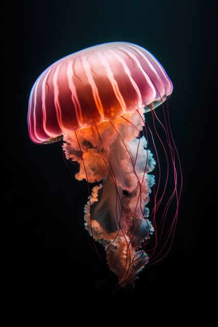 Close up of pink glowing jellyfish underwater, created using generative ai technology. Ocean life, fish and beauty in nature concept digitally generated image.