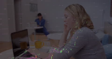 Businesswoman Analyzing Data on Laptop with Abstract Overlay