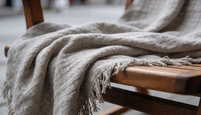Beige linen throw draping over wooden chair showing fringe and soft texture