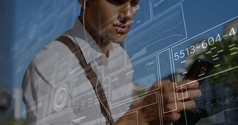 Futuristic urban living with smartphone and holograms