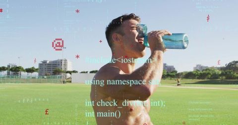 Shirtless athlete drinking water on sunlit sports field with cyan code and digital overlay
