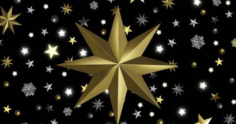 Spinning Gold Star Amidst Festive Decorations on Black Background - Download Free Stock Images Pikwizard.com