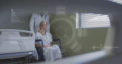 Patient sitting in wheelchair gazing through hospital blinds with futuristic hud overlay
