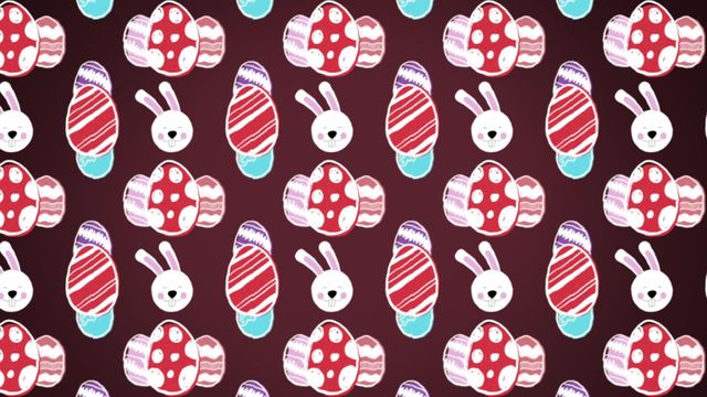 This illustrated pattern features charming white bunnies and vibrant Easter eggs set against a dark background. The seamless design makes it ideal for use in holiday-themed backgrounds, greeting cards, wrapping paper, and digital decorations. The whimsical nature of the bunnies and colorful eggs evokes a sense of joy and celebration, perfect for capturing the spirit of Easter.