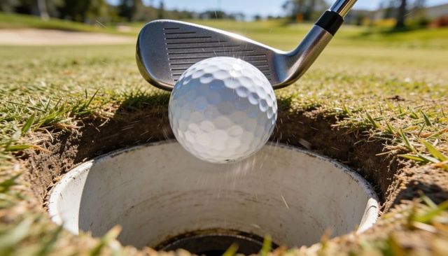 Close-up golf ball hovering above cup rim after iron chip shot on sunlit putting green