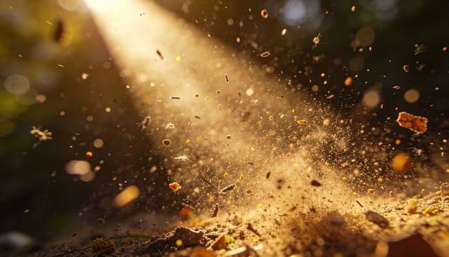 Sunbeam revealing swirling dust and leaf fragments above forest soil
