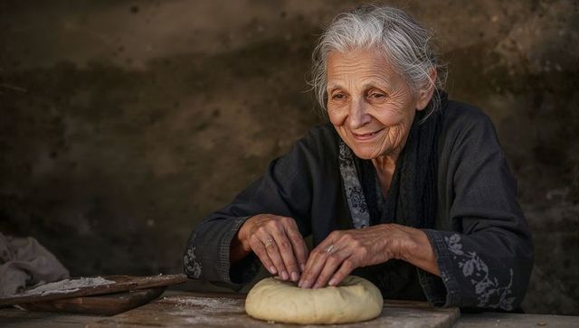 Elderly woman kneading rustic bread dough in warm kitchen light, handmade tradition