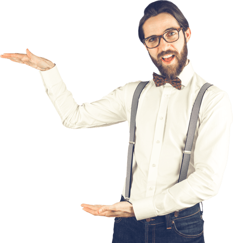 man with a beard and glasses wearing a white shirt, suspenders, and a bowtie, displaying an enthusiastic gesture as if presenting or showing something on a transparent background. excellent for use in promotional materials, presentations, marketing, and advertisements. the transparent background allows for easy integration into diverse graphic designs.