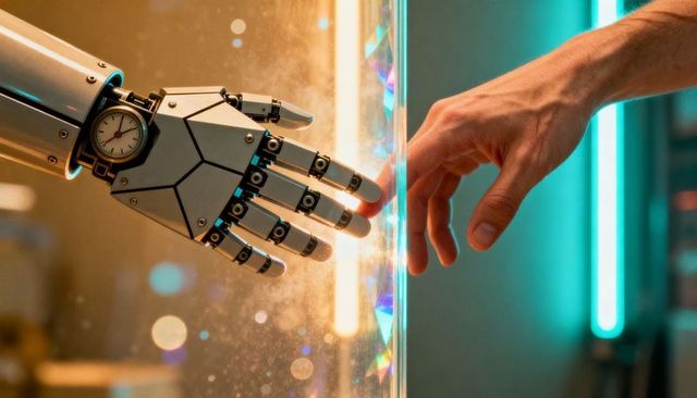 Human Hand Reaching to Robotic Prosthetic Through Transparent Barrier in Futuristic Lab