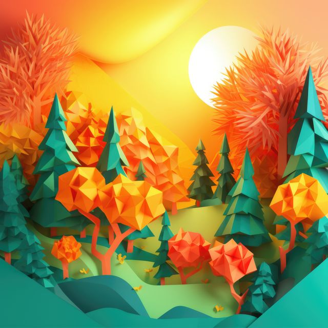 This vibrant autumn landscape featuring abstract, polygonal trees and a radiant sunset is perfect for modern art designs, seasonal promotions, and nature-themed illustrations. Ideal for background images, website banners, and artistic posters.