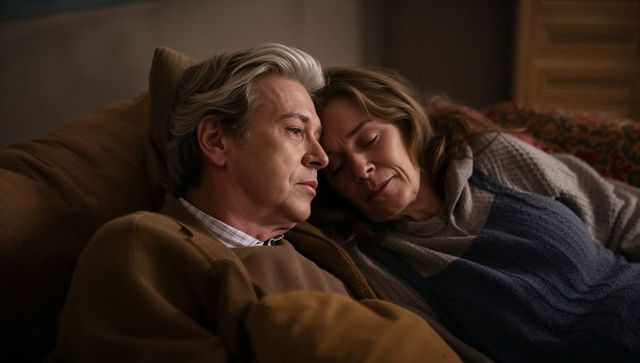 Mature couple reclining on sofa sharing quiet cozy evening moment while embracing