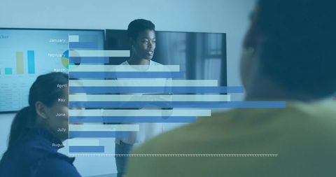 Presenting monthly bar chart during team meeting using tablet and data visuals