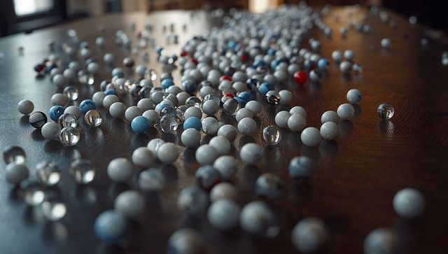 Scattered glass and ceramic marbles reflecting warm window light on dark wood table