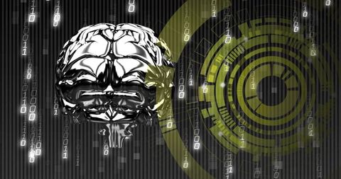 Chromed neural sculpture with falling binary streams and futuristic hud data interface