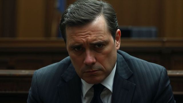 Tense lawyer sitting in wood-panel courtroom frowning in dark pinstripe suit headshot