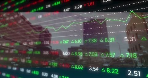 Digital Stock Market Display Over Urban Skyline